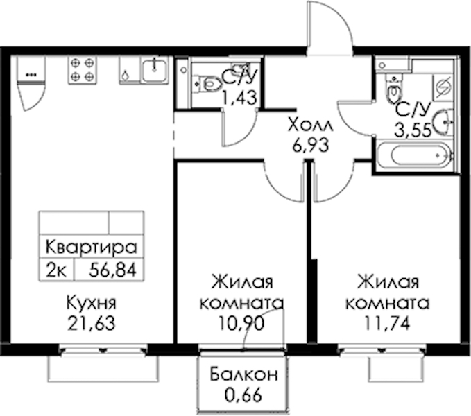 2-комнатная квартира 56.84 м², 3/15 эт., ЖК «Заречный парк»